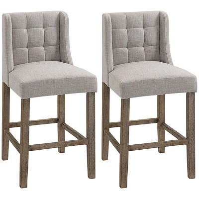 HOMCOM Modern Bar Stools, Tufted Upholstered Barstools, Pub Chairs with Back, Rubber Wood Legs for Kitchen, Dining Room, Set of 2, Beige