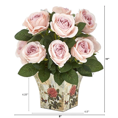 Nearly Natural 11-in Rose Artificial Arrangement Floral Vase