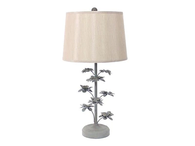 Flower Tree Design Metal Table Lamp with Tapered Drum Shade, Gray and Beige - Benzara