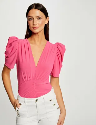 T-shirt manches courtes froncé fuchsia femme