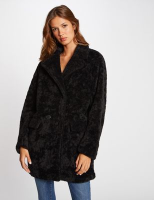Manteau droit imitation fourrure noir femme | Morgan