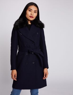 Manteau droit à col imitation fourrure marine femme | Morgan