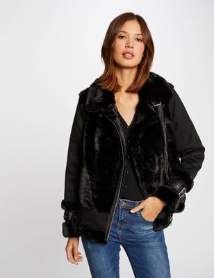 Blouson droit avec imitation fourrure noir femme | Morgan