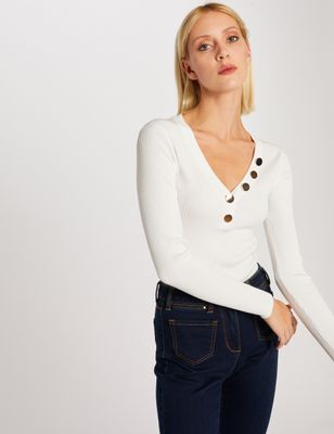 Pull manches longues boutons ecru femme | Morgan