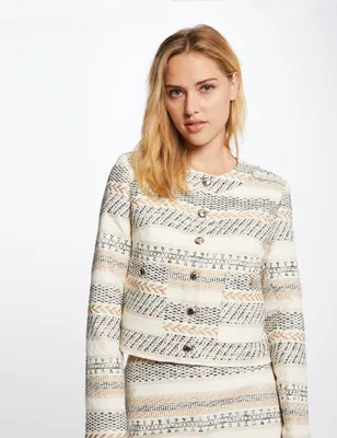 Veste droite boutonnée imprimé abstrait ivoire femme