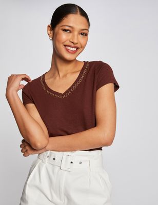 T-shirt manches courtes détail chaîne choco femme | Morgan