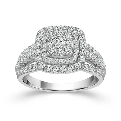 Two Hearts Diamond Cluster Double Frame Engagement Ring in White Gold