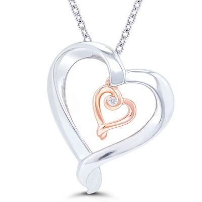 Kissing Hearts Double Heart Diamond Solitaire Pendant in Two-Tone Sterling Silver