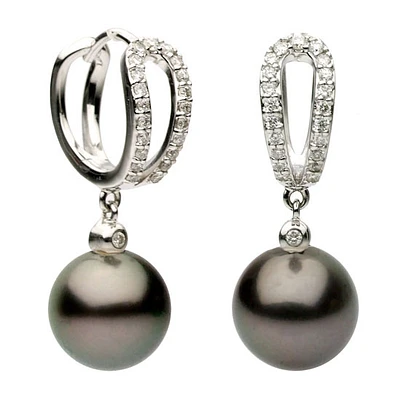 9-9.5mm Tahitian Pearl and Diamond Earrings in 18k White Gold