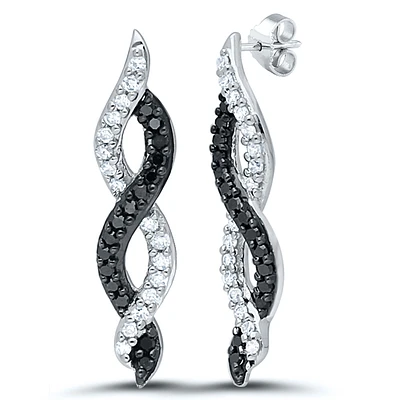 Black & White Twist Diamond Infinity Drop Earrings in White Gold, 1/5ctw