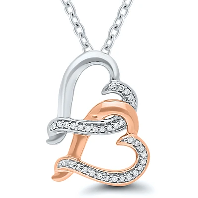 Kissing Hearts Double Heart Diamond Pendant in Two-Tone Sterling Silver, 1/10ctw