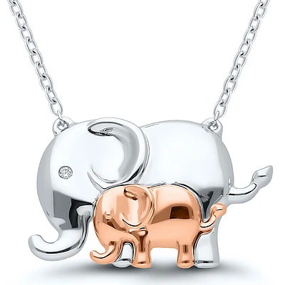 Mother and Baby Elephant Diamond Accent Necklace in Sterling Silver