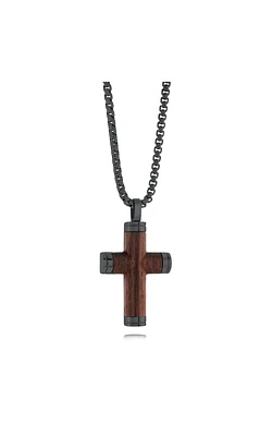 Men's Wood Cross Pendant Necklace with Black Ion Plated Stainless Steel