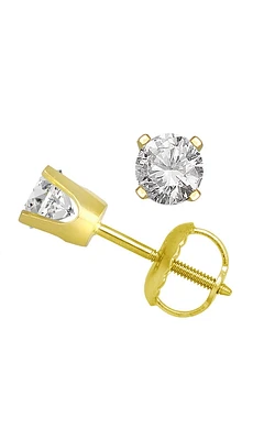 Classic Round Diamond Solitaire Stud Earrings in 14K Yellow Gold, 1ctw