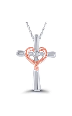 Kissing Hearts Diamond Cross Pendant in Sterling Silver & Rose Gold