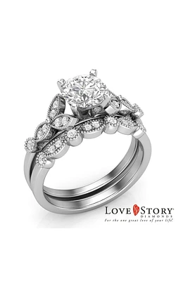 Love Story Vintage-Style Scalloped Diamond Semi-Mount Bridal Set 14K White Gold, 1/4ctw