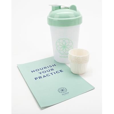 Deluxe shaker cup blender bottle for combining your Niyama powders with liquid.  BPA-free,  leak-pro