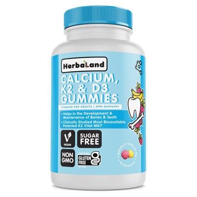 HERBALAND Calcium K2 & D3 for Adults (Strawberry Banana & Passion Fruit - 90 gummies)