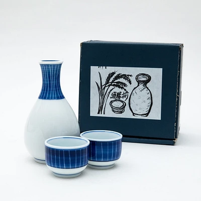 3pcs Tokusa Stripes For Gift In Box Ceramic Tokkuri Sake Bottle & Cups