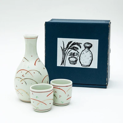 3pcs Musashino Pattern For Gift In Box Ceramic Tokkuri Sake Bottle & Cups