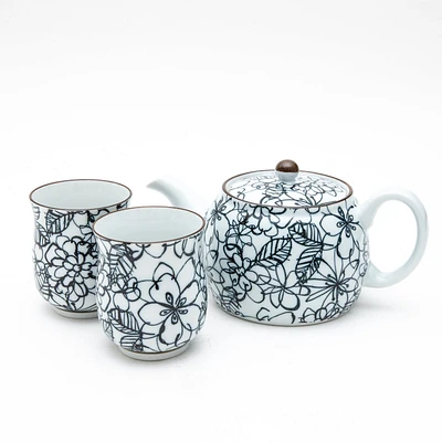 3pcs Flower Line Art For Gift In Box With Tea Strainer Porcelain Japanese Teapot & Teacups