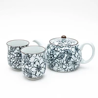 3pcs Flower Line Art For Gift In Box With Tea Strainer Porcelain Japanese Teapot & Teacups