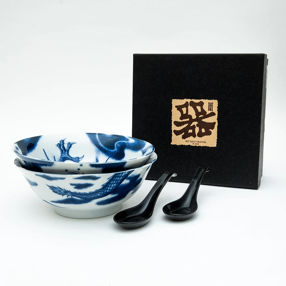 Ensembles 2 Sets Bowl:H19.8x7.6cm, Spoon: H16x4.5cm Dragon For Gift Porcelain Ramen Bowls & Spoons Set