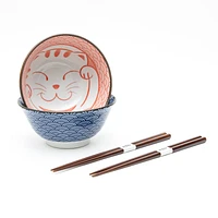 2 Sets Ensembles Cat Wave Pattern For Gift In Box Ceramic Bowls & Spoons Set