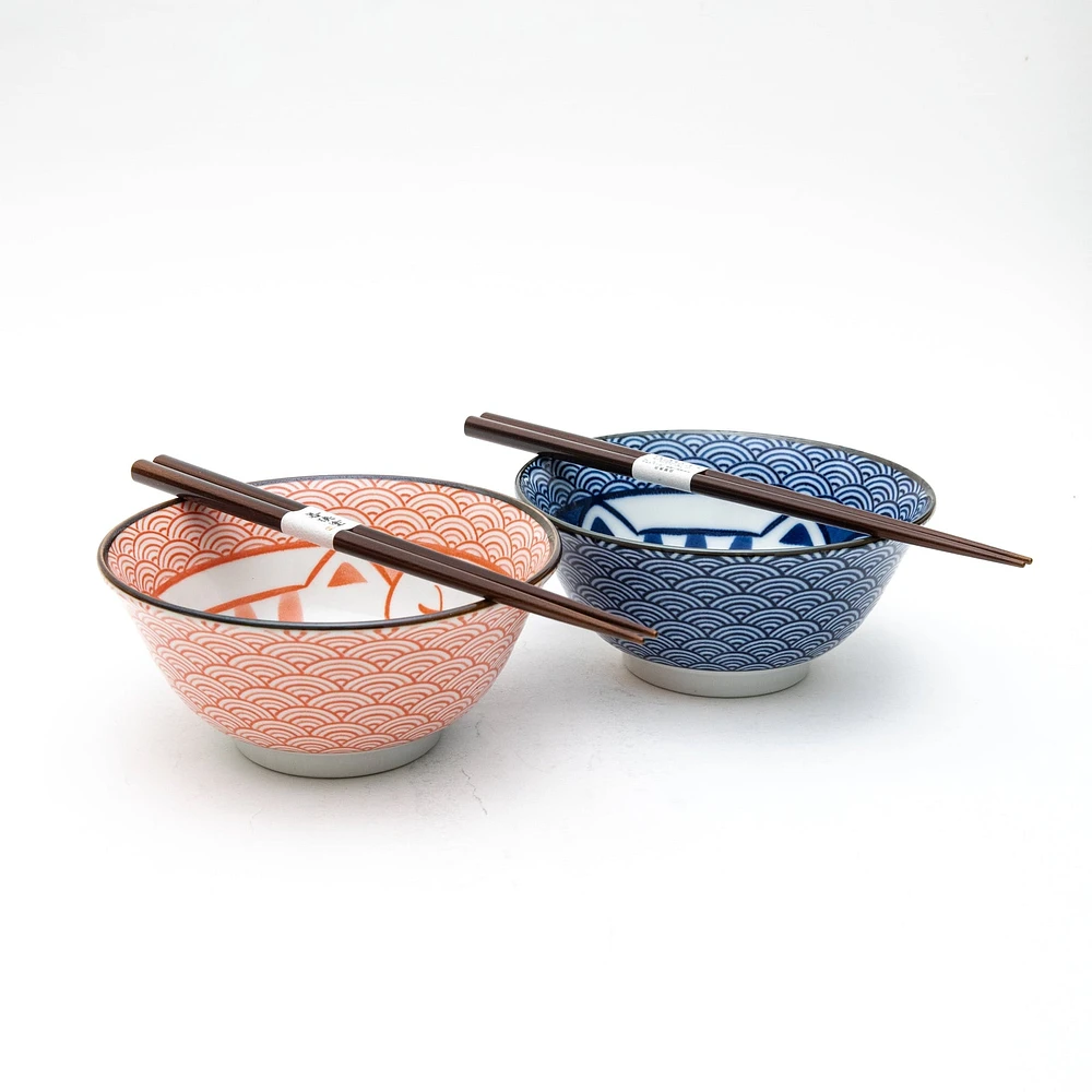 2 Sets Ensembles Cat Wave Pattern For Gift In Box Ceramic Bowls & Spoons Set