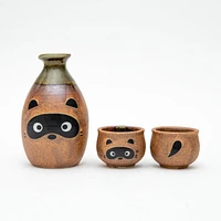 3pcs Raccoon Dog For Gift In Box Ceramic Tokkuri Sake Bottle & Cups