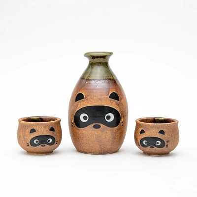 3pcs Raccoon Dog For Gift In Box Ceramic Tokkuri Sake Bottle & Cups