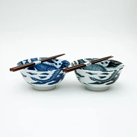 2Sets Ensembles 15cm Dragon For Gift In Box Ceramic Bowls & Chopsticks Set