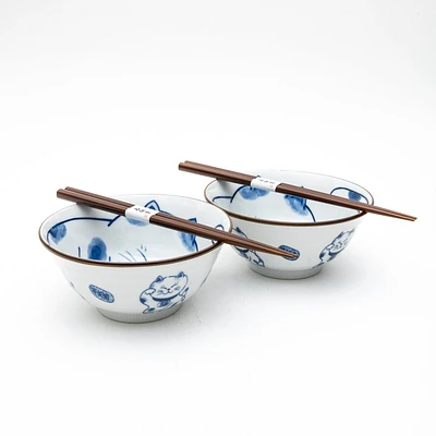 2Sets Ensembles 15cm Beckoning Cat For Gift In Box Ceramic Bowls & Chopsticks Set