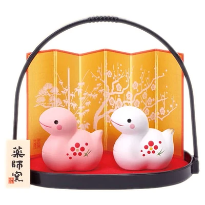 2pcs Snake Japanese Folding Screen With Handbasket Ceramic New Year Ornaments