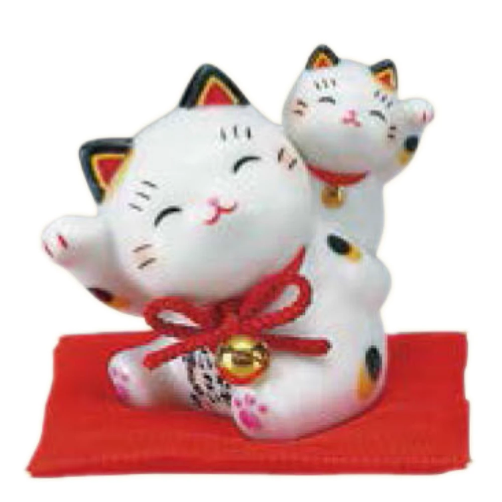 Piggyback Beckoning Cats With Zabuton Cushion Porcelain Ornament