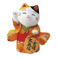 S Invites Money Beckoning Cat in Kimono with Gold Coin Ceramic Ornament