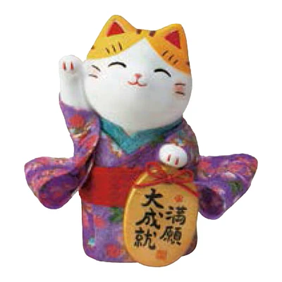 S Wish Comes True Beckoning Cat in Kimono with Gold Coin Ceramic Ornament