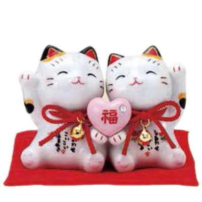 Heart with "Fortune" in Japanese Beckoning Cat With Zabuton Cushion Porcelain Ornament