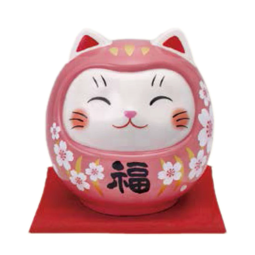 L Cherry Blossoms Daruma Cat With Zabuton Cushion Ceramic Coin Bank