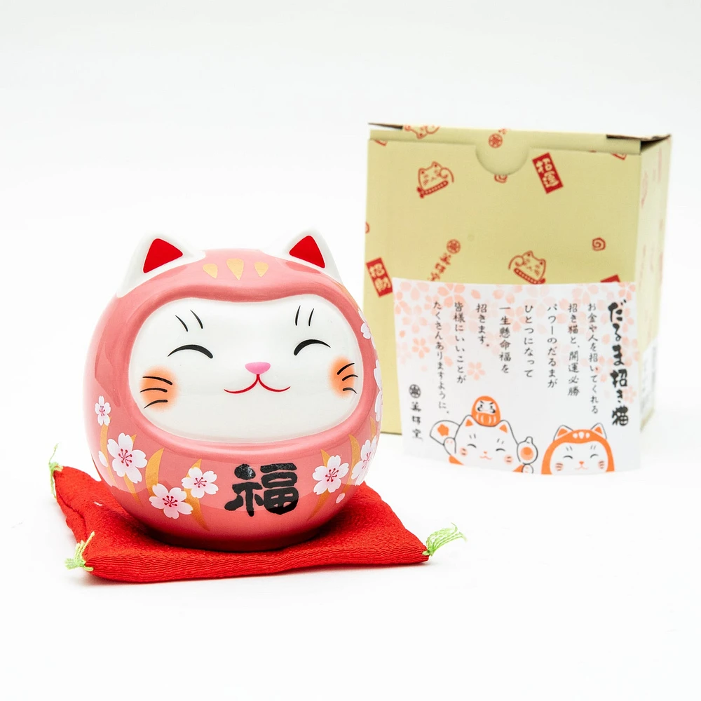 9.5cm M Cherry Blossoms Daruma Cat With Zabuton Cushion Ceramic Coin Bank