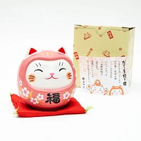 9.5cm M Cherry Blossoms Daruma Cat With Zabuton Cushion Ceramic Coin Bank