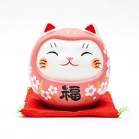 9.5cm M Cherry Blossoms Daruma Cat With Zabuton Cushion Ceramic Coin Bank