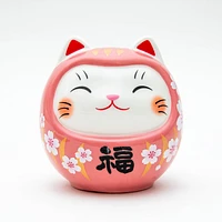 9.5cm M Cherry Blossoms Daruma Cat With Zabuton Cushion Ceramic Coin Bank