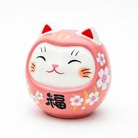 9.5cm M Cherry Blossoms Daruma Cat With Zabuton Cushion Ceramic Coin Bank