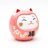 9.5cm M Cherry Blossoms Daruma Cat With Zabuton Cushion Ceramic Coin Bank