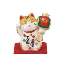 Invites Money Beckoning Cat with Hammer With Zabuton Cushion Ceramic Ornament