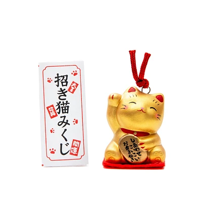 Yakushigama Ceramic Beckoning Cat with Omikuji Fortune Slip (Right Paw Raised)