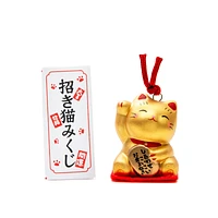 Yakushigama Ceramic Beckoning Cat with Omikuji Fortune Slip (Right Paw Raised)