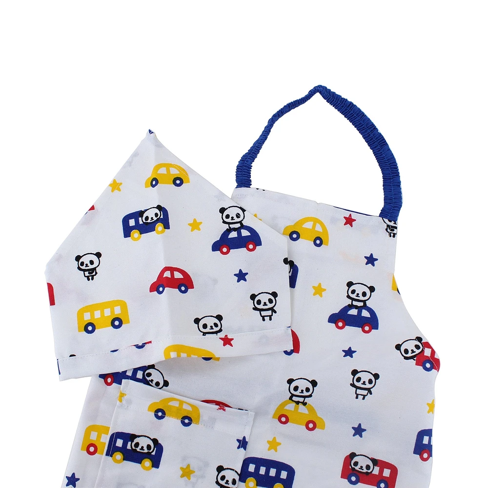 Kids Apron & Bandana Set S Size - White Panda & Car