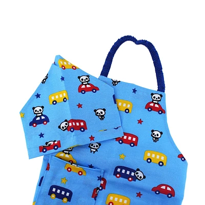 Kids Apron & Bandana Set S Size - Blue Panda & Car